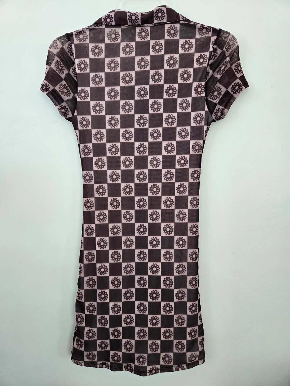 Urban Outfitters Y2K Retro Mesh Ruched Brown & White Riko Bodycon Shirt Dress. S